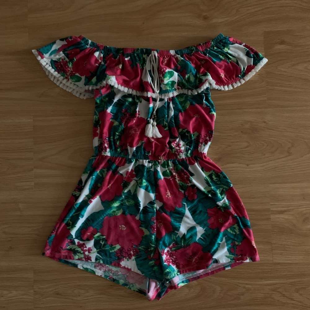 Off the shoulder romper- floral design w tassels